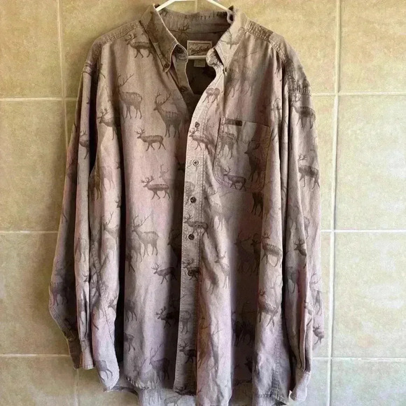 Woolrich Elk Deer Print Brown Long Sleeve Cotton Shirt Men’s Size X Large - Picture 1 of 14